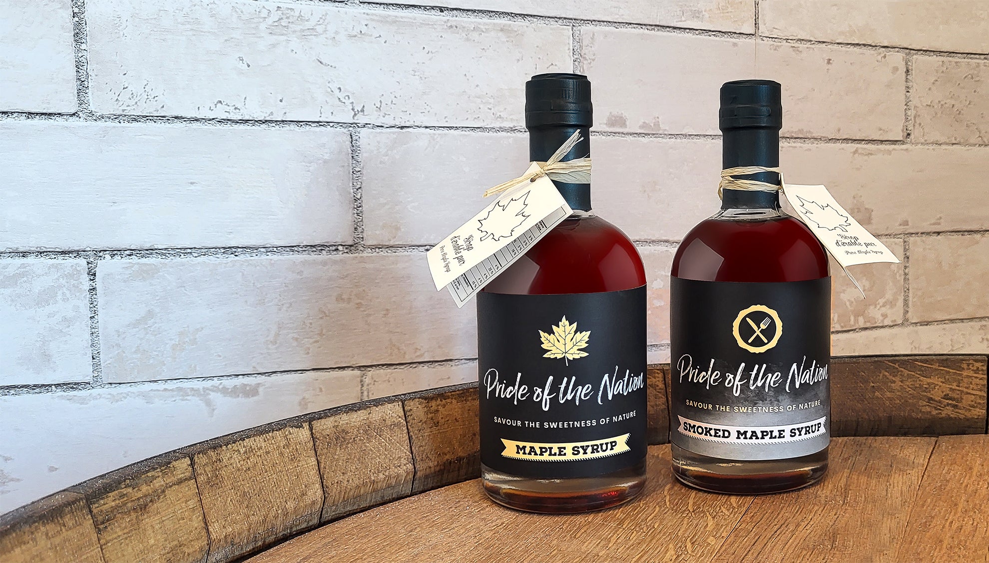 Original and Smoked Canadian Maple Syrup in glass bottles